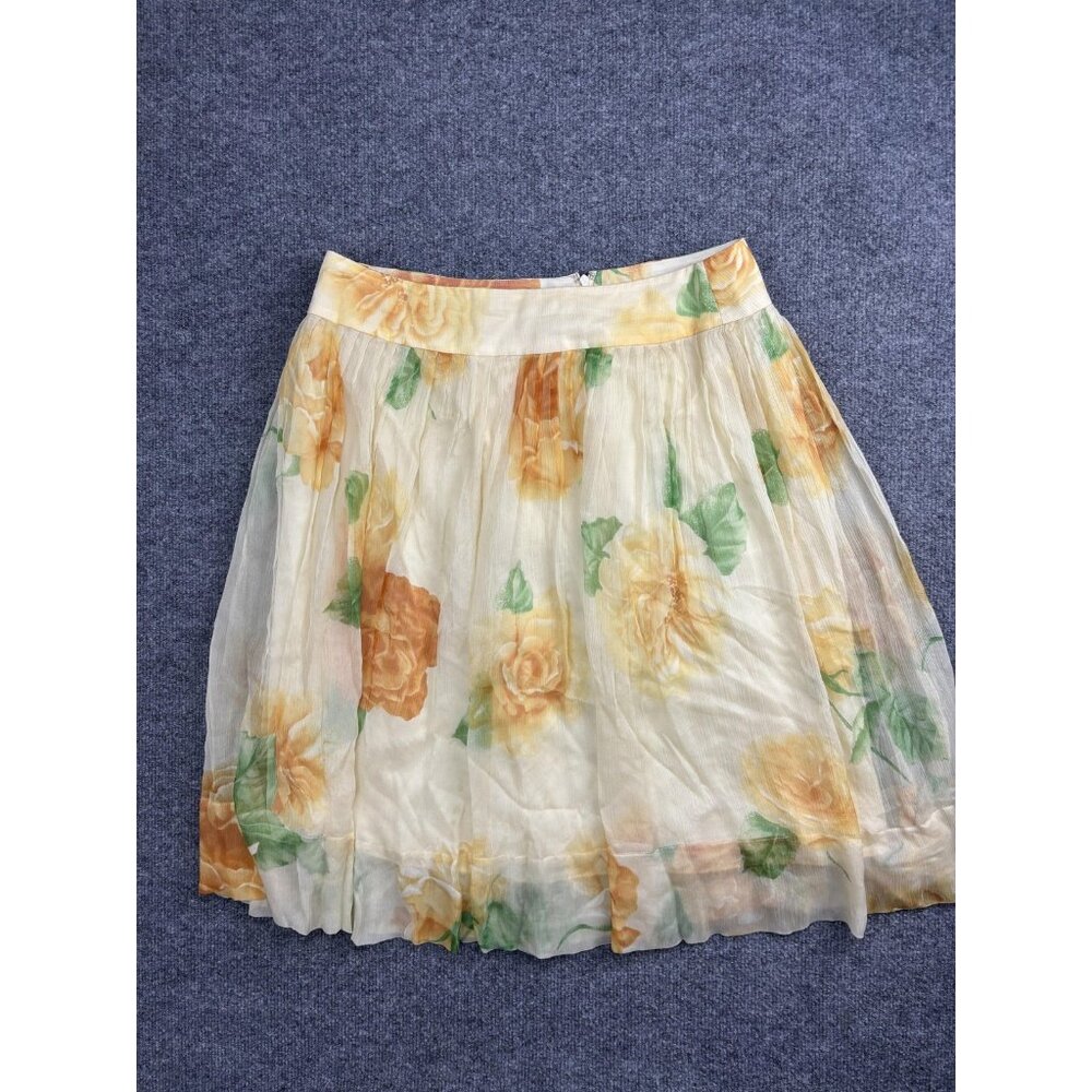 JON Skirt Womens 12 Yellow Rose Floral Silk Chiffon Pleated Lined Knee Length